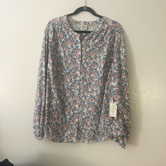 St. John's Bay Multicolor Floral Blouse 2x Button Up Long Sleeve Blue Green Ivor - Picture 11 of 16